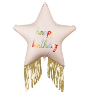 Fóliový Balón, Hviezda krémová s farebným nápisom Happy Birthday a lanetami, 72 cm