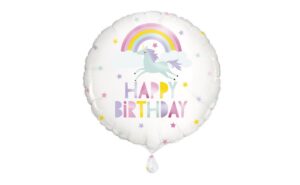 Balón, kruh, 46 cm, jednorožec a nápisom HAPPY BIRTHDAY